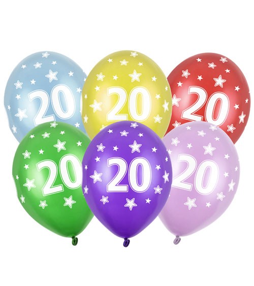 Metallic-Luftballons "20" mit Sternen - 6 Stück
