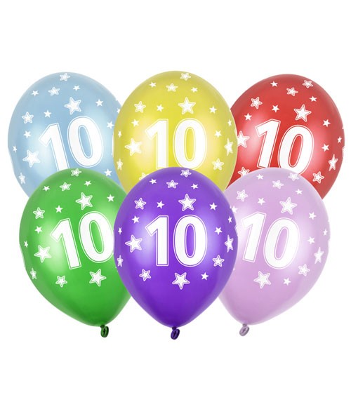 Metallic-Luftballons "10" mit Sternen - 6 Stück