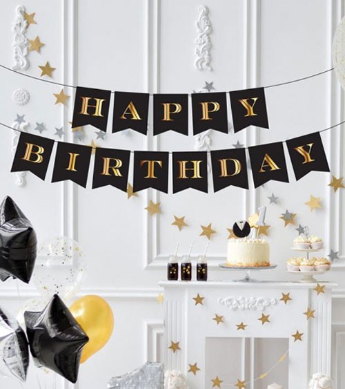 Happy Birthday Girlande - schwarz, gold - 2,5 m