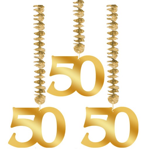 Spiralgirlanden "50" - gold - 3 Stück