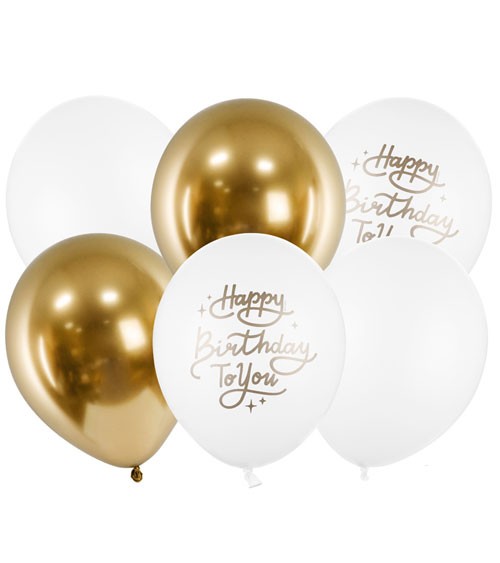 Luftballon-Set "Happy Birthday to you" - gold & weiß - 6 Stück
