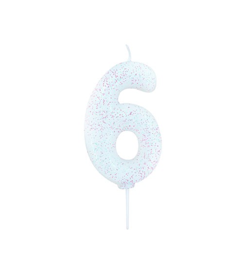 Geburtstagskerze mit Glitter "6" - weiß/irisierend