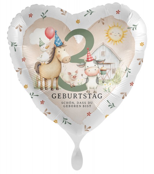 Herz-Folienballon "Bauernhofparty" - 3. Geburtstag