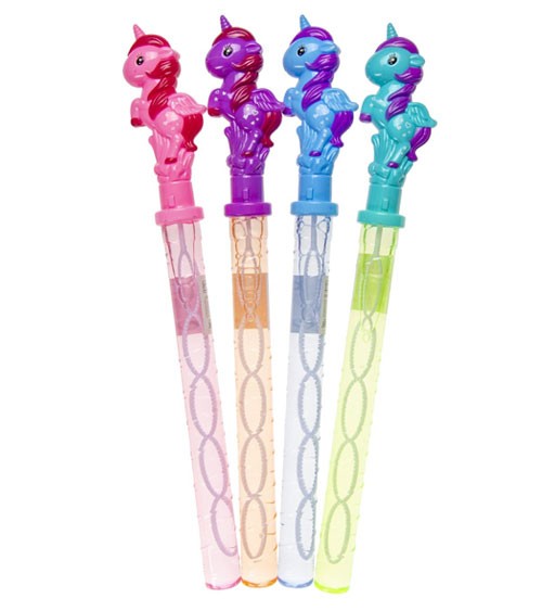 XXL-Seifenblasen in verschiedenen Farben, mit niedlichem Einhorn-Deckel und Stab mit 5 Ösen für Unicorn-Kindergeburtstage.