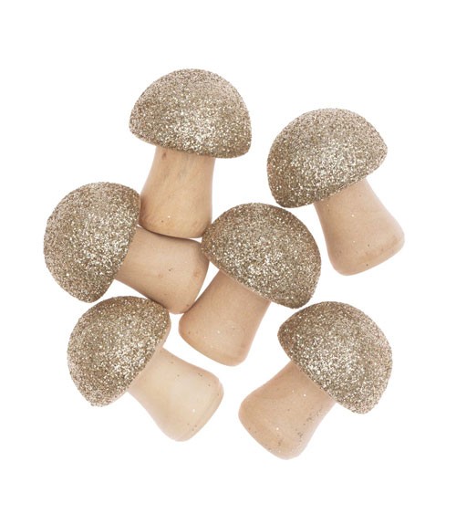 Mini-Pilze aus Holz mit Gold-Glitter - 6 Stück
