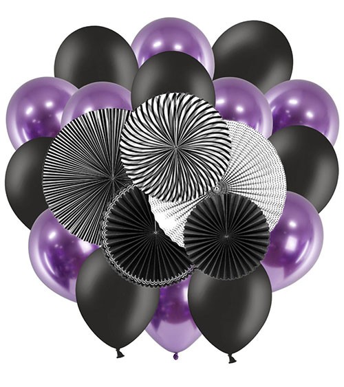 Deko-Set mit Ballons & Papierfächer - schwarz, lila