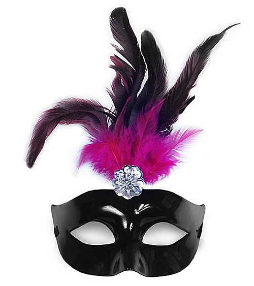 Venezianische Augenmaske mit schwarz-pinken Federn - schwarz