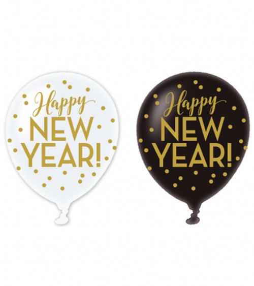 Luftballon-Set "Happy New Year" - schwarz/weiß - 6 Stück
