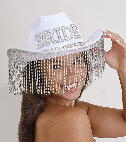 Bride-Cowgirlhut mit Glitzersteinen und Quasten - weiß