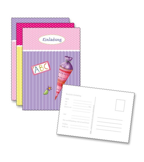 Einladungs-Postkarten "Einschulung" - rosa/gelb/lila - 6 Stück