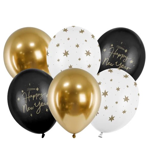 Luftballon-Set "Happy New Year" - gold, weiß, schwarz - 6-teilig