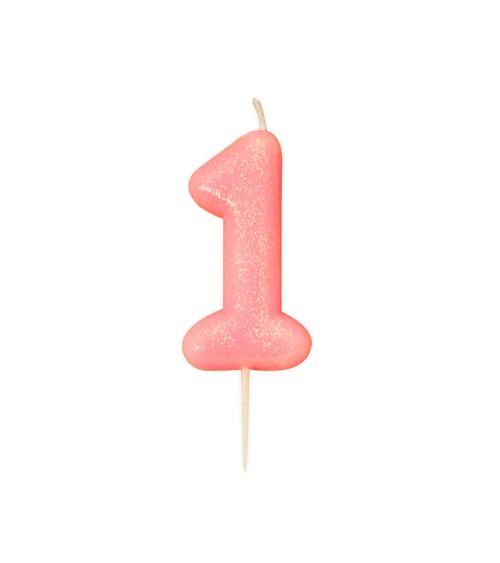 Geburtstagskerze mit Glitter "1" - rosa