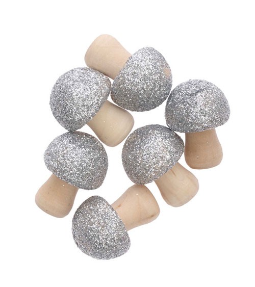 Mini-Pilze aus Holz mit Silber-Glitter - 6 Stück