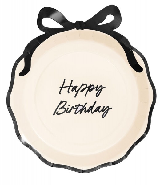 Pappteller mit Schleife "Happy Birthday" - creme & schwarz - 6 Stück