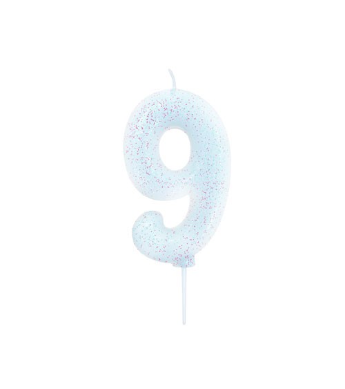 Geburtstagskerze mit Glitter "9" - weiß/irisierend