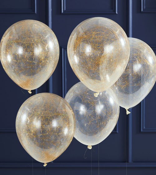 Transparente Ballons mit Engelshaar - gold - 5 Stück