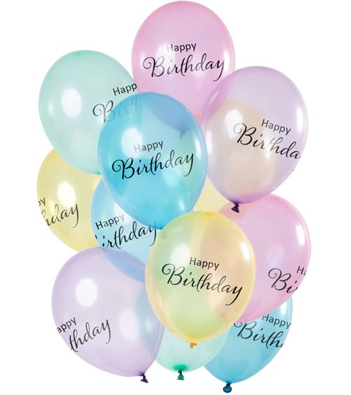 Luftballon-Set "Happy Birthday" - Pastell transparent - 12-teilig