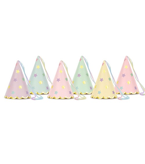 Partyhüte mit Sternen - Farbmix Pastell - 6 Stück