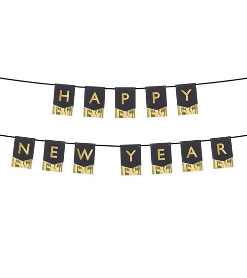 DIY Happy New Year Girlande mit Fransen - schwarz, gold - 135 cm