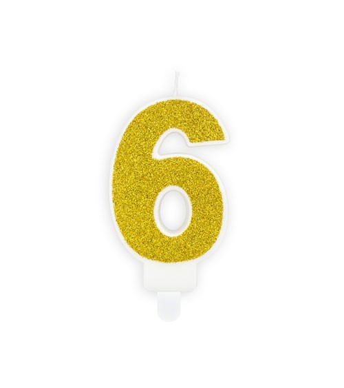 Zahlenkerze mit Glitter "6" - gold - 7 cm