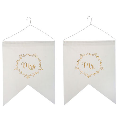 Mr & Mrs-Stuhlschilder aus Stoff "Gold & White" - 2-teilig