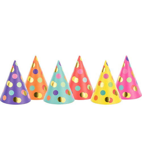 Partyhüte mit bunten & goldenen Punkten - Farbmix - 6 Stück