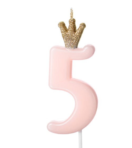 Geburtstagskerze mit Krone "5" - rosa - 9,5 cm