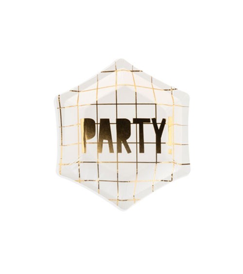 Mini-Pappteller "Party!" - weiß/gold - 6 Stück