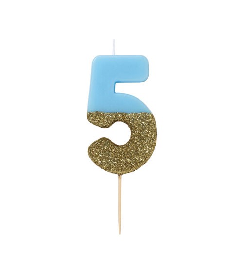 Zahlenkerze "5" - mit Goldglitter - blau