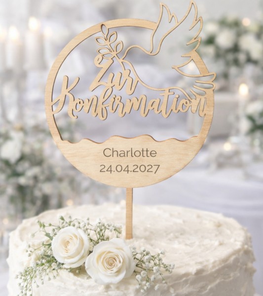 Dein Cake-Topper aus Holz "Zur Konfirmation - Taube" - Wunschtext