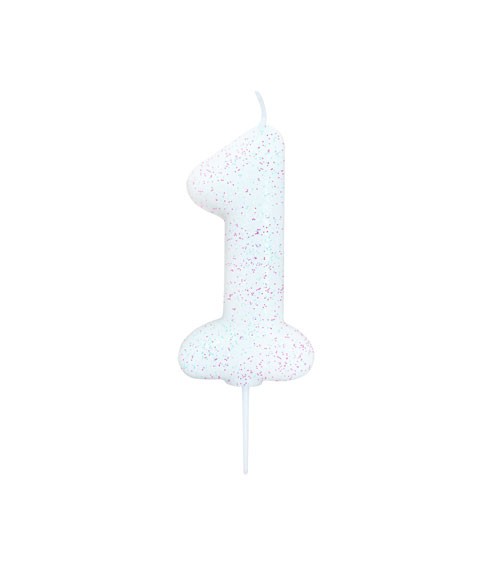 Geburtstagskerze mit Glitter "1" - weiß/irisierend
