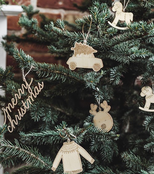 Hängedekoration aus Holz "Christmas" - mit Goldglitter - 10-teilig