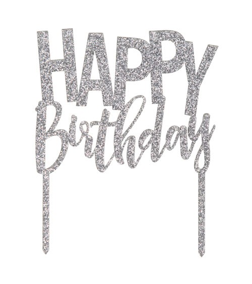 Cake-Topper aus Acryl "Happy Birthday" - silber - 13,9 x 11,4 cm