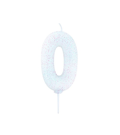 Geburtstagskerze mit Glitter "0" - weiß/irisierend