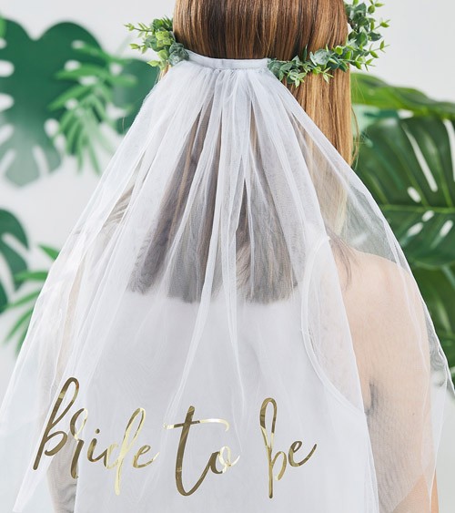 Eukalyptus-Haarkranz mit Schleier und Bride to be-Aufdruck