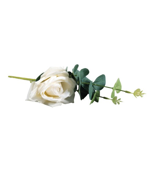 Künstliche Rose mit Eukalyptus - weiß - 28 cm