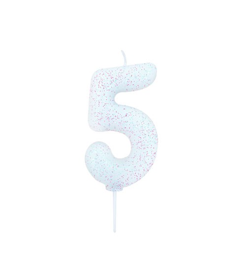 Geburtstagskerze mit Glitter "5" - weiß/irisierend