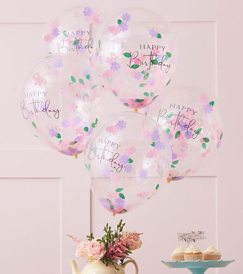 Transparente Ballons mit Blumen-Konfetti - Happy Birthday - 5 Stück
