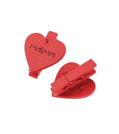 Herz-Klammern aus Holz "Mr & Mrs" - rot - 3 cm - 4 Stück