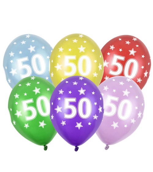 Metallic-Luftballons "50" mit Sternen - 6 Stück