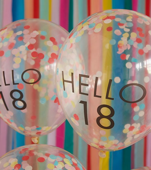 Konfetti-Ballons "Hello 18" - bunt - 5 Stück