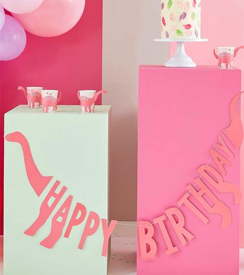 Happy Birthday-Girlande "Dinosaurier Party Pink" - 2 m
