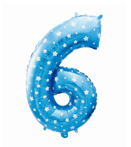Folienballon Zahl "6" - blau mit Sternen - 61 cm