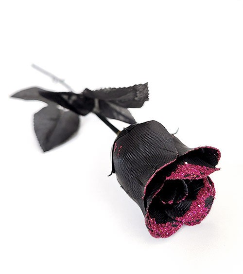 Schwarze Kunstrose mit pinkem Glitter - 40 cm