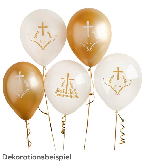 Luftballon-Set "First Holy Communion" - weiß/gold - 5-teilig