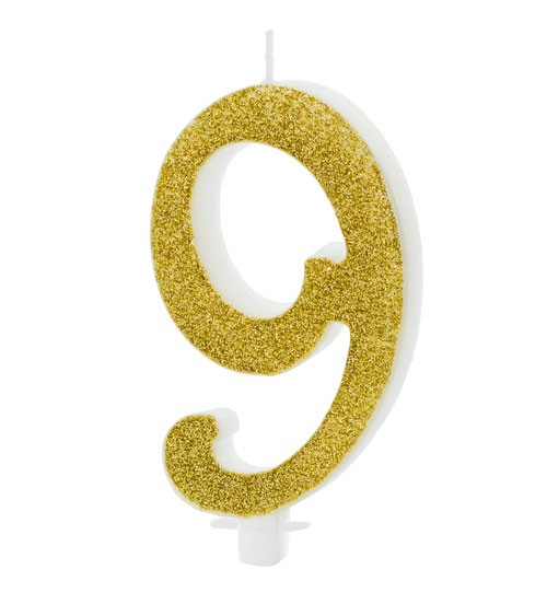 Script-Zahlenkerze "9" - glitter gold - 10 cm
