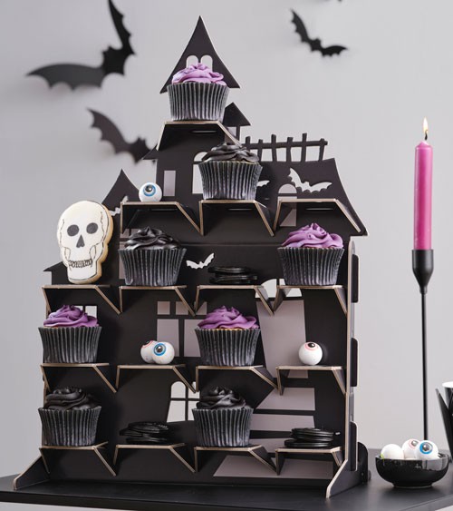 Schwarzer Halloween Gebäckständer in Form eines Geisterhauses mit 5 Etagen und 16 Regalen.