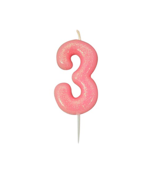 Geburtstagskerze mit Glitter "3" - rosa