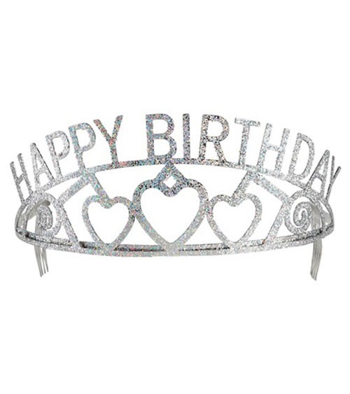 Tiara aus Metall "Happy Birthday " - glitter silber