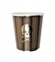 Pappbecher mit goldenem Totenkopf - Holzoptik - 8 Stück